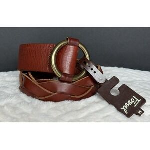 Vintage FOSSIL Wide Braided Leather Belt Brown Rustic Loop Brass Buckle Sz M